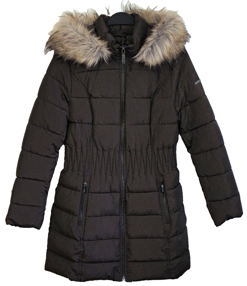 Laundry by Shelli Segal Women's Brown Stretch Quilted Puffer Hood Faux Fur L